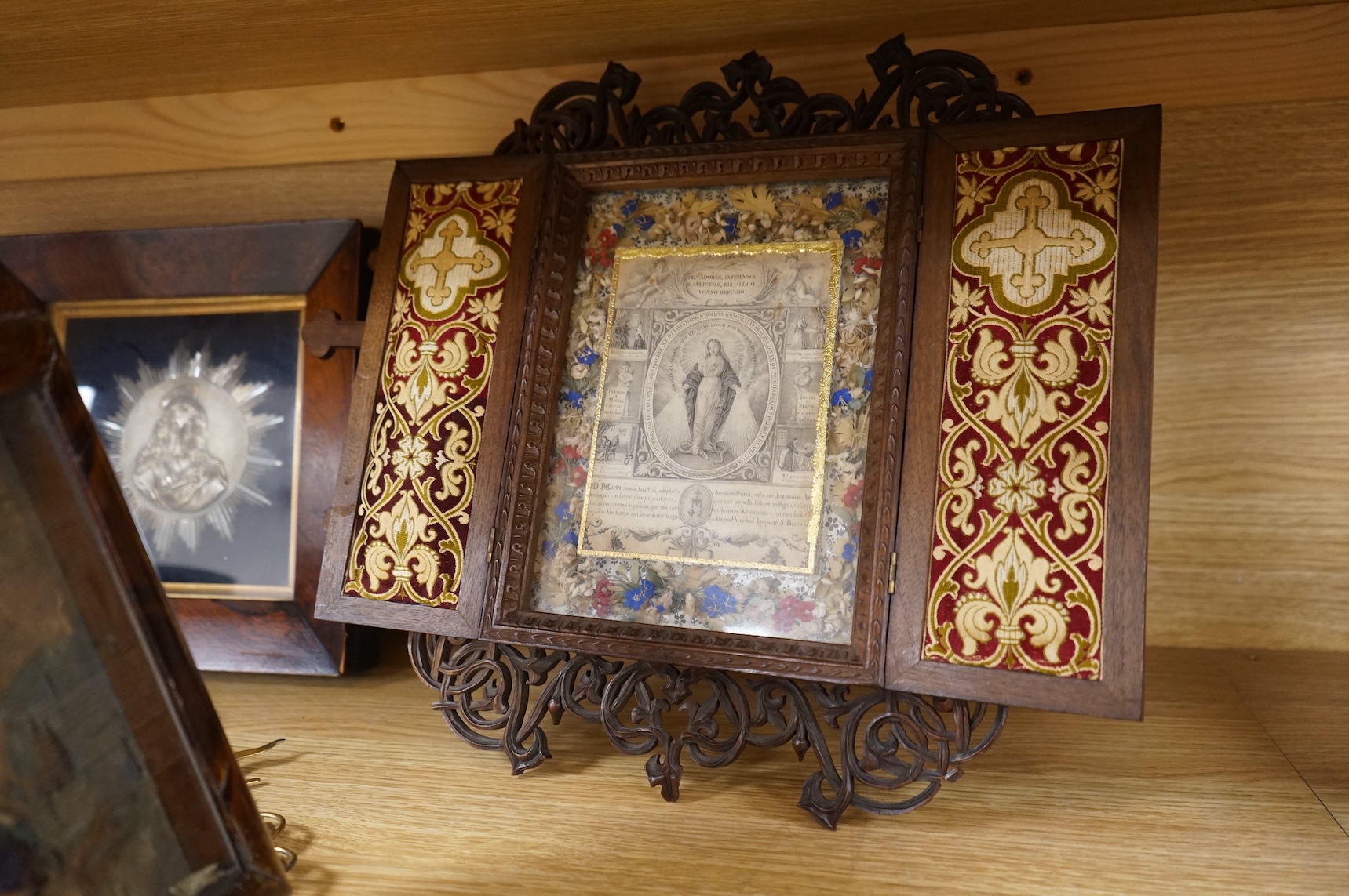A group of Christian icons including a 19th century Portuguese Gothic revival carved walnut case containing an image of the immaculate heart of Mary, (5), Provenance - John Henry Bickersteth (1825-1906), former Bishop of